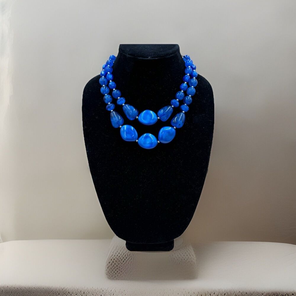 Vintage Blue Lucite Beaded Necklace Double Strand Chunky Mod Jewelry